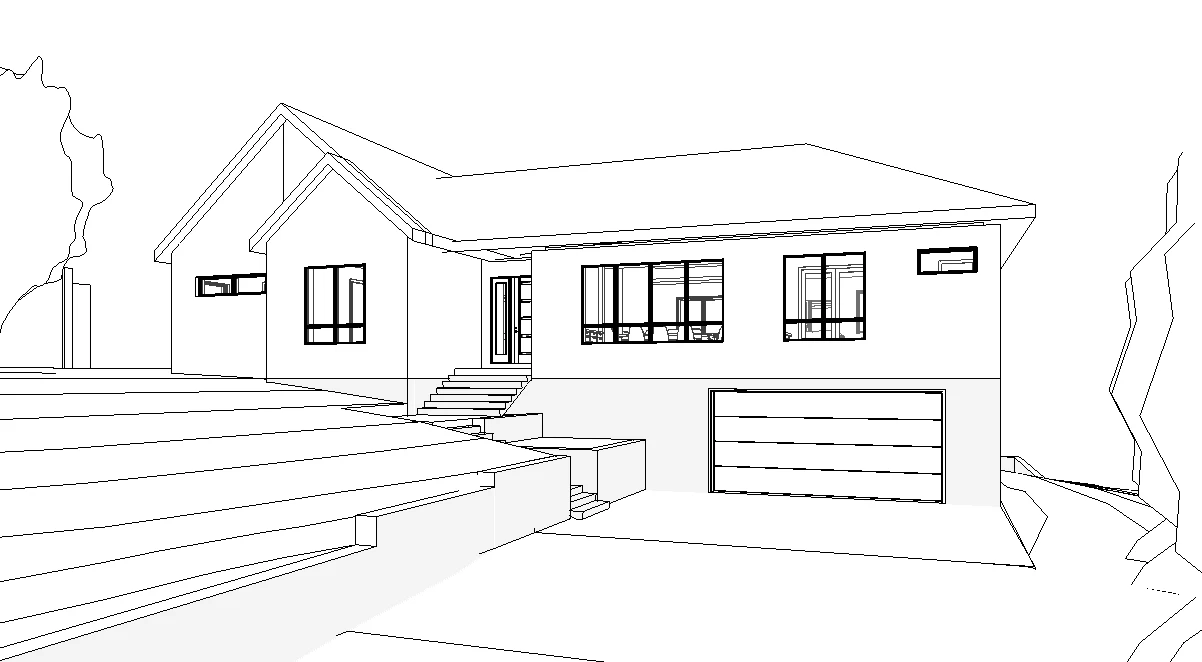 Line drawing of the house from the street: two gabled wings, a hipped roof over the main floor, a two-car garage below, and steps up to the front door
